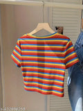 Crop Short Sleeve Stripe Print T-Shirt For Spring & Summer, Girl's & Women's Clothing