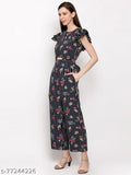 Slenor Women's Floral Keyhole Neck Navy Blue Jumpsuits