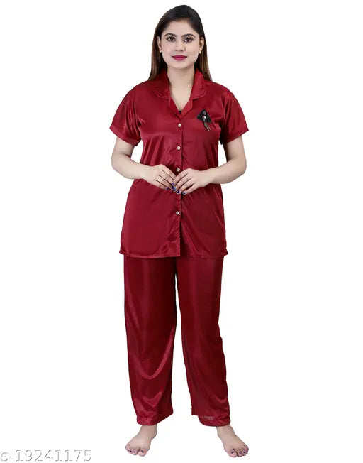 Ansh Collection Women Night suit marron satin notch collar including shirt and pyjama set give beautiful look in this nightsuit