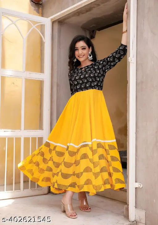 Yellow Printed Flaired Kurti