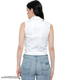 New Classsic Enterprises White Denim Sleevless Collar Neck Women Regular Jacket