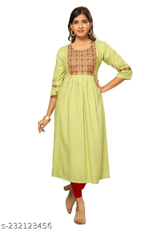 Embroidered Kurti, Nayra Cut Kurti, Rayon Cotton Kurti