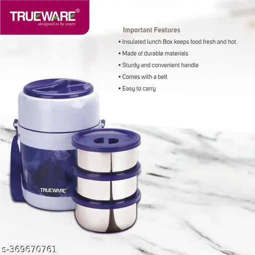 Trueware Fresh Meal Plus 3 Thermoware lunch box with 3 Stainless Steel Contianer-Dark Blue