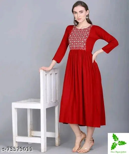 Trending Rayon Solid With Embroider In Yoke Women Anarkali Kurti