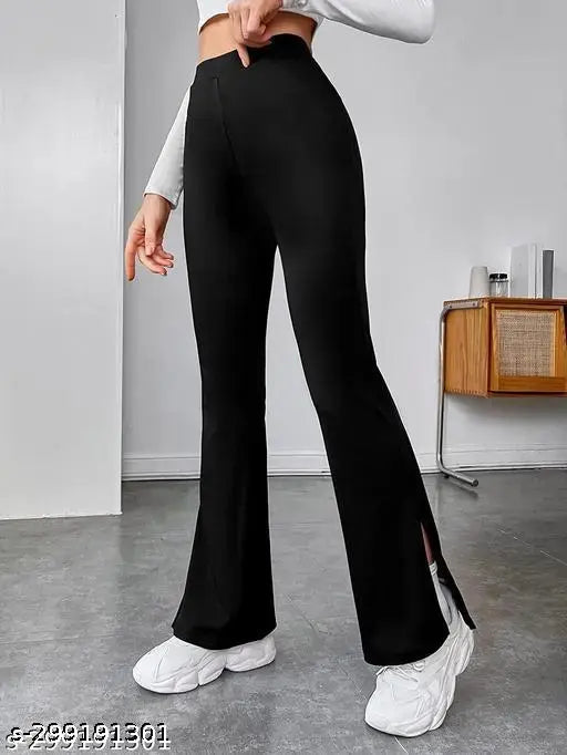 Istyle Can Solid Black High Waist Split Hem Flare Leg Pants Trouser for Women's & Girls | Trousers for Women | Pants for Women | Formal Pants for Women | Pant for Women