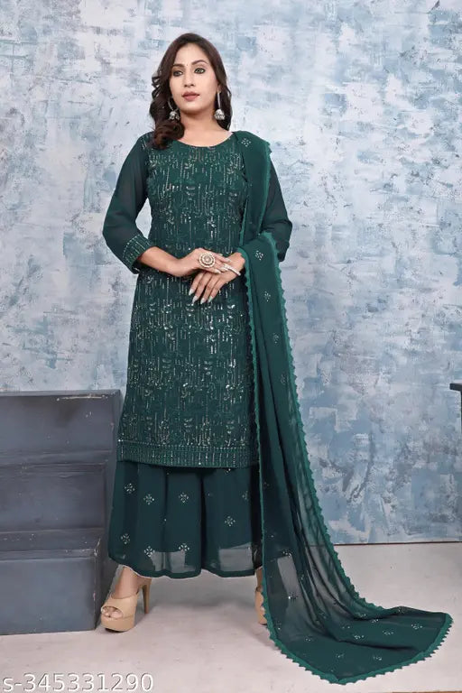 Women's Georgette Straight Embroidered Kurti with Sharara And Dupttawork