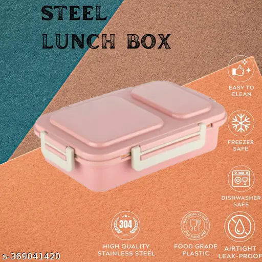 Leak Proof 2 Compartment Top Quality Lunch Tiffin Box Reusable Microwave Freezer Safe Stainless Steel Portion Snack, Food Containers for Adults & Kids. Lunch Tiffin Box with Chopsticks & Spoon / Random Colour