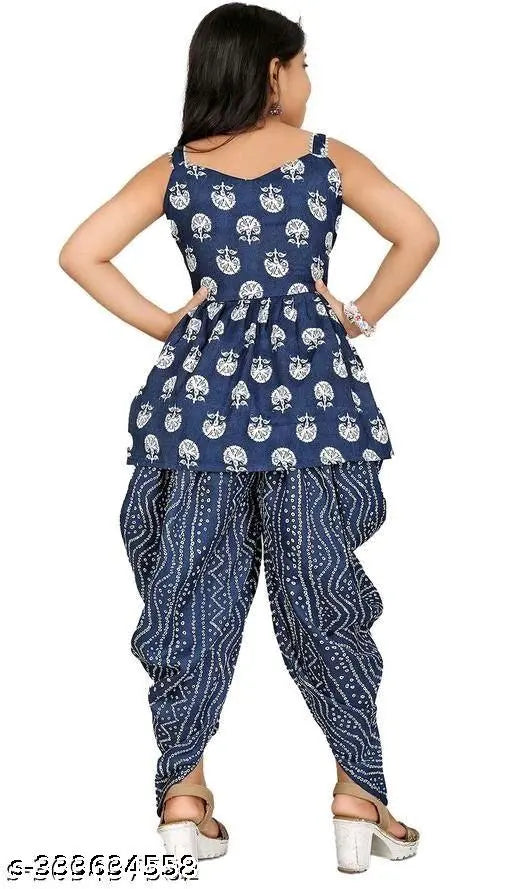 Printed Top And Dhoti With Dupatta And Lace Work