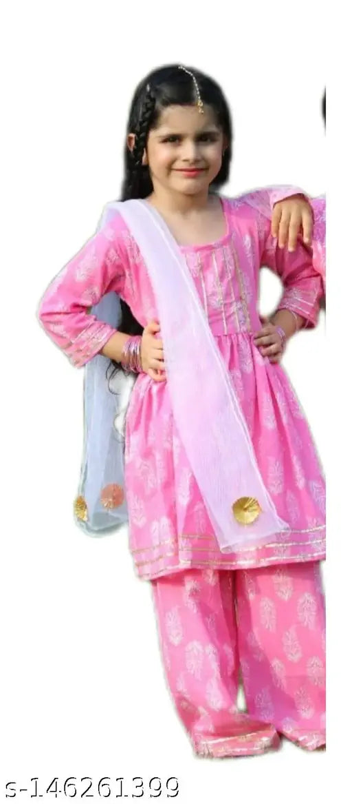 Pastel Pink Kurti-Plazzo Set with white shimmered net dupatta