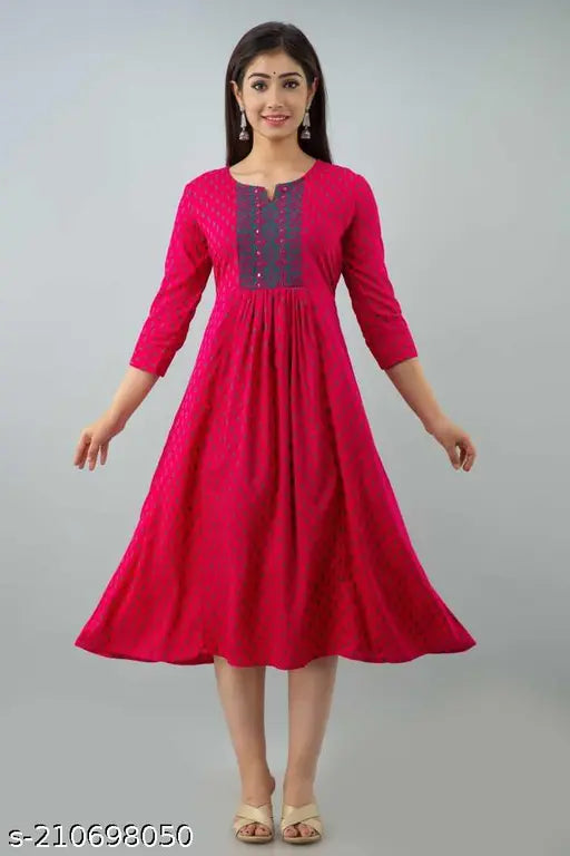 Women Red Colour 3/4 Sleeve Anarkali Kurtis