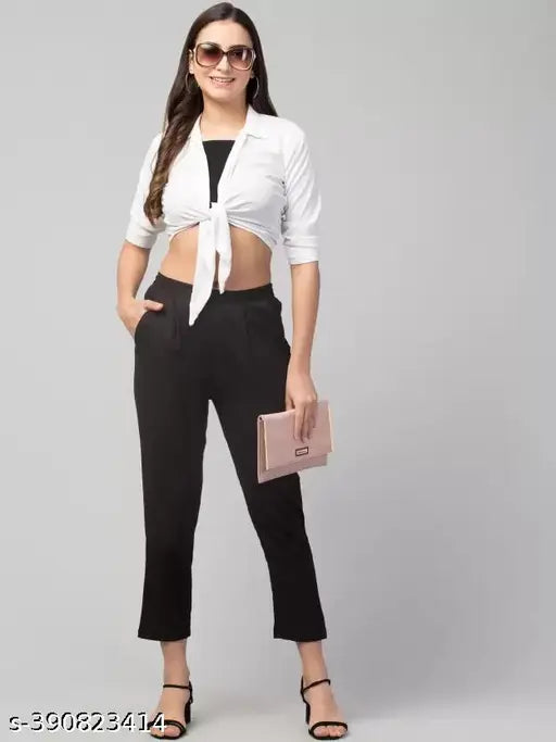 Women Regular Fit Black Cotton Blend Trousers