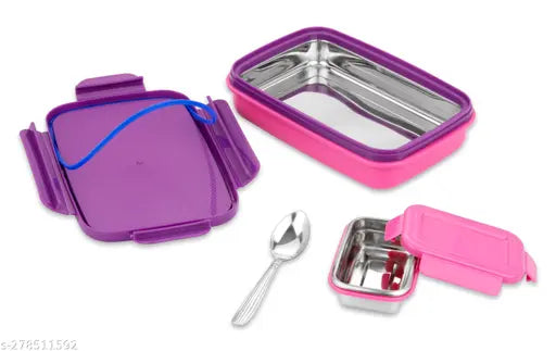 Eco-Steel Plastic Air Tight Spill Proof,Tiffin Boxes With Katori 2 Containers Lunch Box (900 ml) Pink