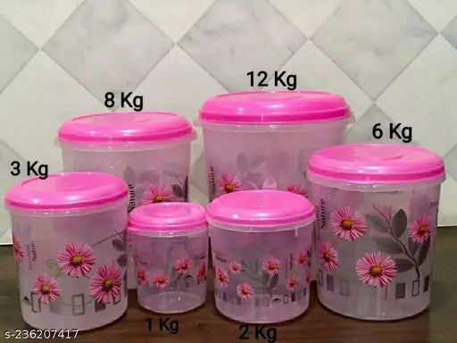 Plastic Kitchen Storage Container Set of 6 Pieces(1Kg/2Kg/3Kg/6Kg/8Kg/12Kg) (Pink)