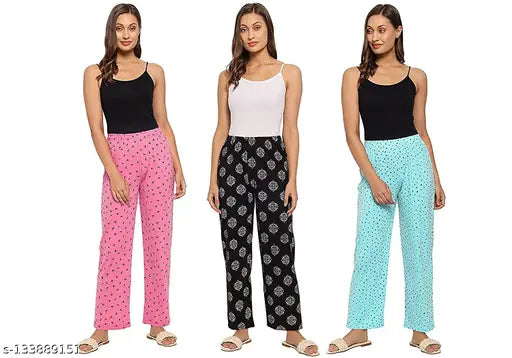 NANDAVAN Women's Cotton Printed Pyjama/Women's Lounge Pants/Night Pants Multicolored for Women Combo Pack of 3