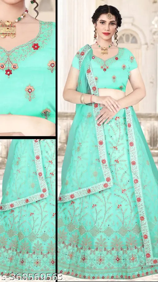 Gopinath Enterprise Embroidered Semi Stitched Lehenga Choli / mirror work lehnga for women / Beautiful Sea Green Color Lehenga Choli