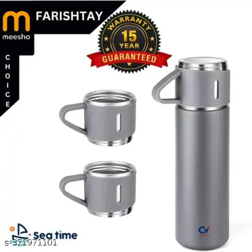 FARISHTAYStainless Steel Vacuum Flask Set with 3 Steel Cups Combo for Coffee Hot Drink and Cold Water Flask Ideal Gifting Travel Friendly Latest Flask Bottle. 500ml