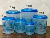 Veksin 6 Pieces Plastic Printed Container set with beautiful design ( 12KG , 8KG , 6KG , 3KG , 2KG , 1KG Grocery Container - Blue)