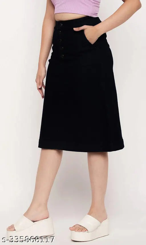 Z Black Front Pocket Buttoned A-Line Long Denim Woman Skirt