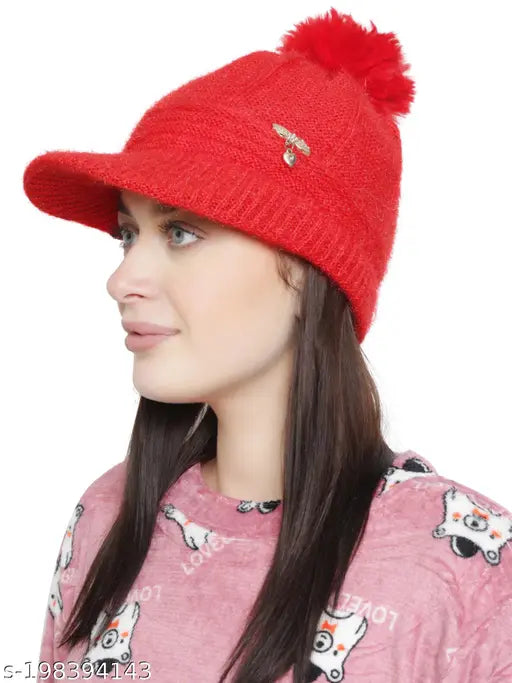 Pollo Loco Women & Girl's Warm Wool Knit Skull Pompom Cap/Hat Red