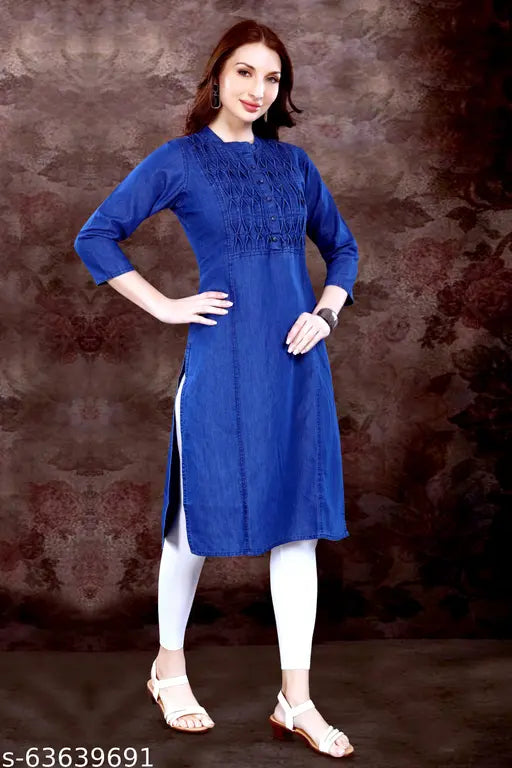 Salwa Kurti Zigzag Design Three Quarter Sleeves Zigzag Design Pure Cotton Denim KURTI FOR Womens And Girls ( color- navy blue )