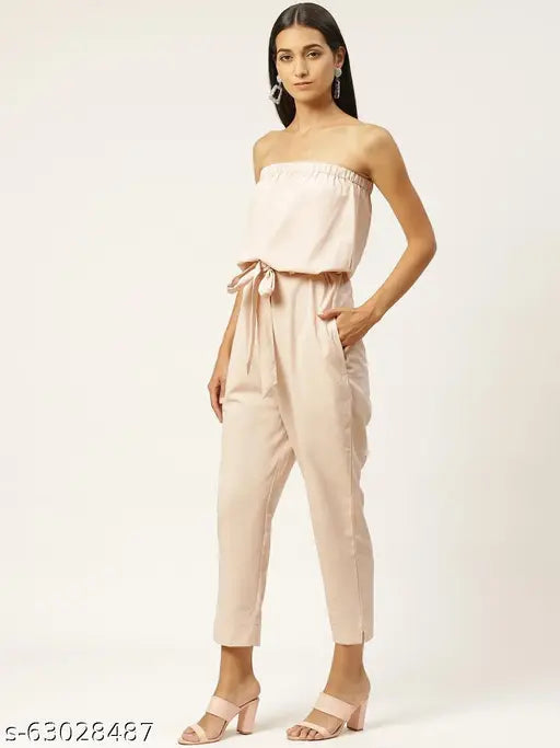 IQRAAR Polyester Solid Western Wear Jumpsuit With Fabric Belt For Women (Peach)