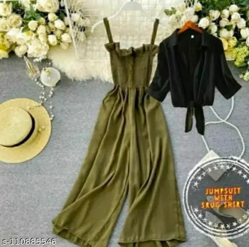 STYLISH SUMMER DRESSES FOR GIRLS AND WOMENS ,COMFORT AND RELAXABLE BEAUTIFUL GREEN UMPSUIT, BIRTHDAY PARTY DRESSES,COCKTAIL DRESSES BEAUTIFUL GREEN JUMPSUIT WITH BLACK SHRUG