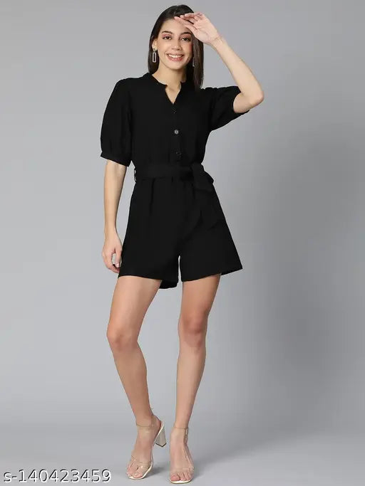 Oxolloxo Solid Color Regular Fit Black Women Cotton Playsuit