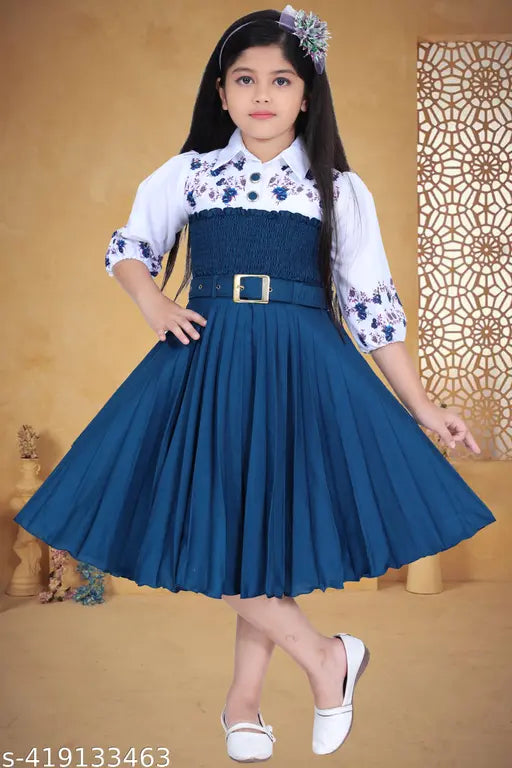 Cute Blue Frock For Girls Printed Dress Knee Length Party Dress For Kids