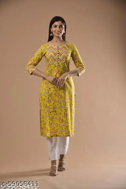 Swasti Plus Size Women Printed Pure Cotton Straight Kurta (Yellow)