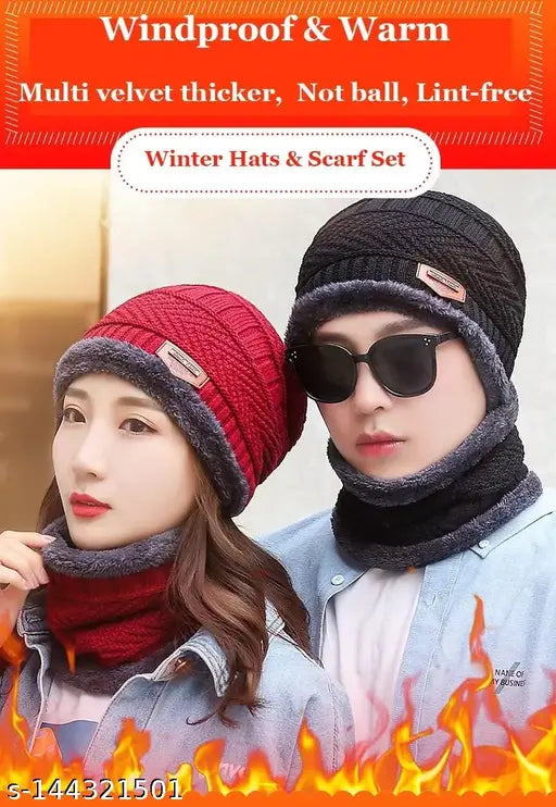 MISS8TEEN Pack OF 2 Pice Wool Unisex Beanie Cap with 2 Neck Warmer Set Snow Proof Inside Fur Knit Hat Thick Fleece Lined Winter Hat for Men & Women (Black Color)