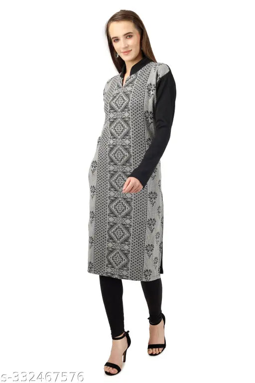 BLUSHH COLLECTION Women's Ethnic Motif A-line Mandarin Grey Kurtis & Kurtas