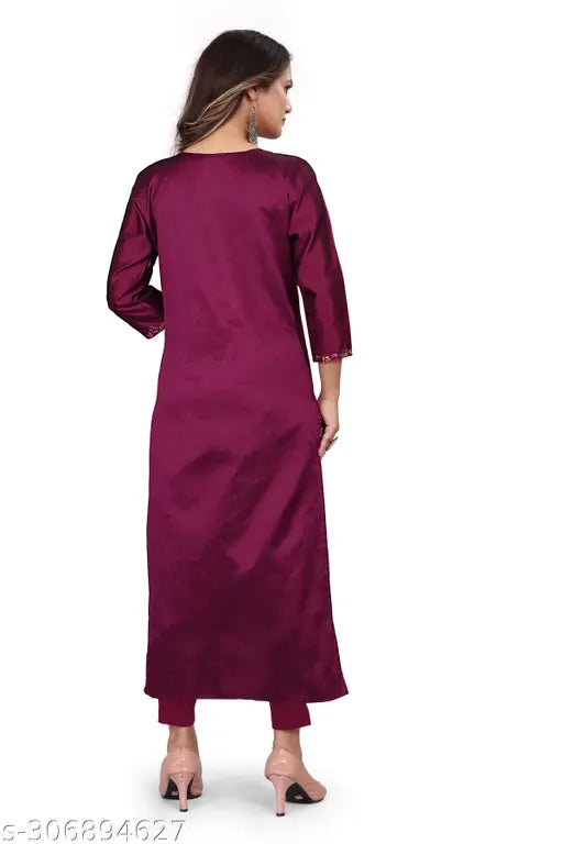 Women's Embroidered Floral Print Pushmina Straight Kurti(Purple)