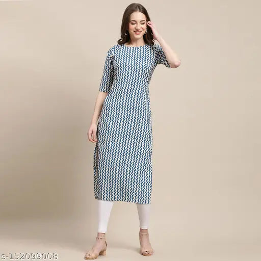 Stylish Women's Crepe White & Blue Color Zig Zag Printed Straight Kurti