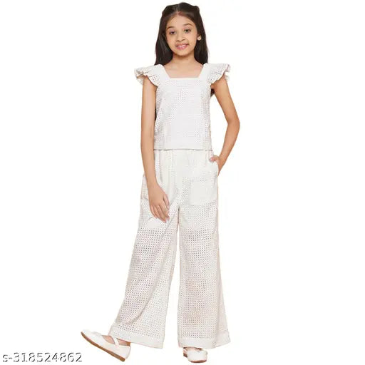 Jakanary White Cotton Schiffli Embroidered Cuff Sleeve Top and Elasticated Pant Girls Set