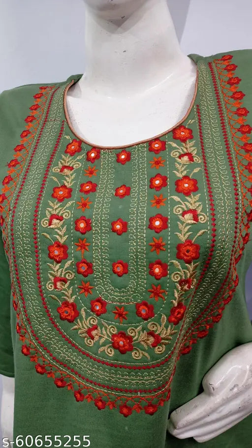 Women's Straight Embroidered Green Woollen Kurti