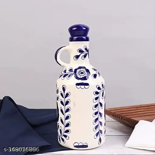 Kraftlik Handicrafts Ceramic Oil Dispenser with Lid for Kitchen | Oil Bottle | Oil Sprayer | Oil Container for Kitchen Storage | Ideal for Storage of Cooking Oil, Vinegar and Other Liquid Items at Home | Must have for Kitchen Restaurant 1 Litre Blue (BB2)