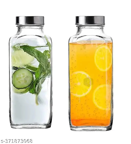 Pelix Enterprise® French Square Reusable Travel Glass Drinking Fridge Bottle with Metal Silver Lid, Perfect for Home, Travel, Juicing, Water, Smoothie - 1000ml - Set Of 2