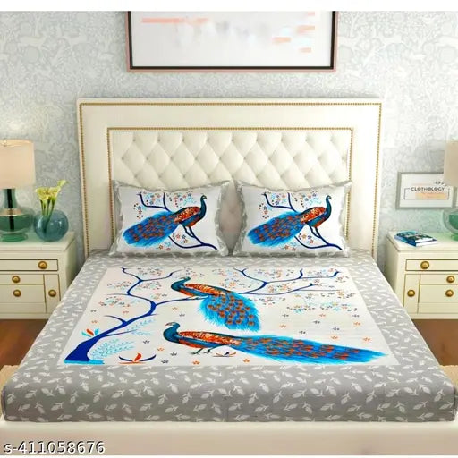 Peacock Print 140 TC Cotton Double Bed Sheet With 2 Pillow Covers