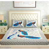 Peacock Print 140 TC Cotton Double Bed Sheet With 2 Pillow Covers