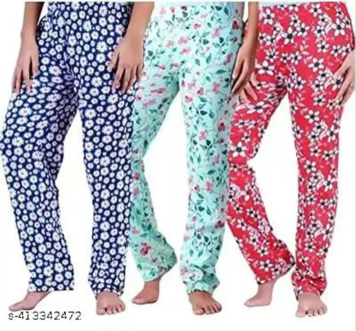 Hivata Women's Cotton Printed Pyjamas/Lower/Track Pant, Lounge Wear, Soft Cotton Night Wear Pajama Pant Women's Cotton All Over Print Pajama Bottom Wear Color & print as per Available (Pack of 3)