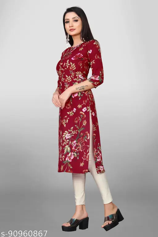 Women Flower Printed Multicolour Crepe Straight Kurta