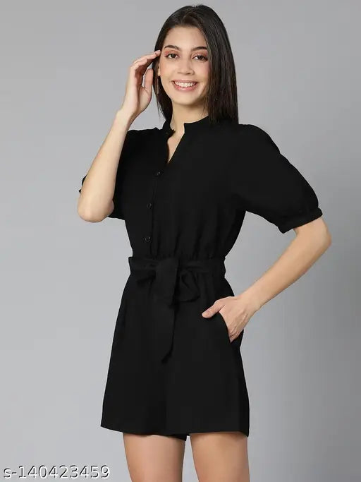 Oxolloxo Solid Color Regular Fit Black Women Cotton Playsuit