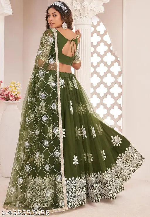 Dark green Heavy covering thread work Semi-Stitched Lehenga & Unstitched Blouse with Dupatta, Self Design Semi Stitched Lehenga Choli (Free Size)