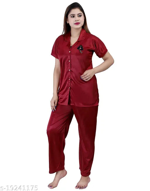 Ansh Collection Women Night suit marron satin notch collar including shirt and pyjama set give beautiful look in this nightsuit