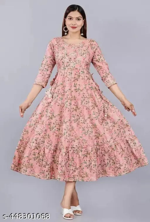 Women's Fabulous Trendy Embroidered Anarkali Style Kurta Flowers Print With Deep Neck