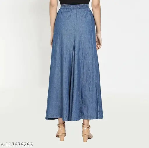 Western Long Ankle Length Denim Blue Skirt With Elastic Pattern |Denim Skirts |Skirts |Skirts For Women |Ankle Length Skirts |Long Skirts |Women Skirts|