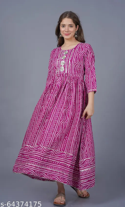 Smita Fashion Long Anarkali Cotton Printed Pink Round Neck Kurta With 3/4 sleeves