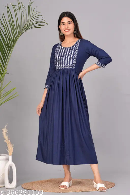 Women Embroidered Flared Kurta (blue)