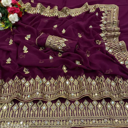 DISHA FASHION DURGA PUJA GEORGETTE BHALO MIRROR WEDDING,PARTY,FESTIVAL WEAR BOLLYWOOD SAREE.