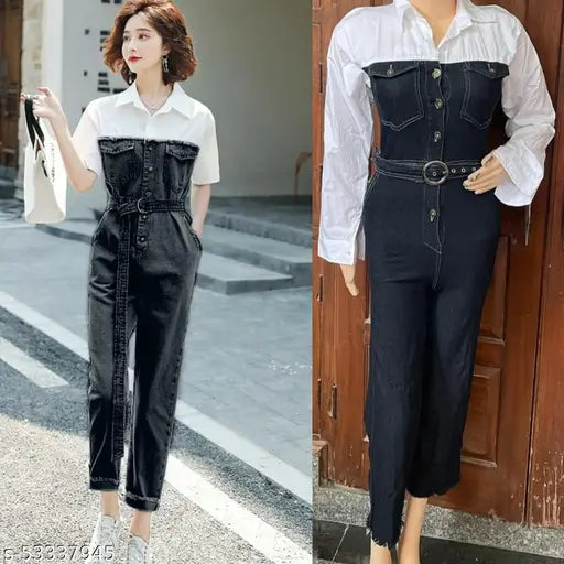 Carbon black denim jumpsuit by High-Buy in imported quality with belt- one size will fit all from xxs to M